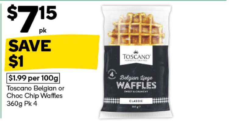 Toscano Belgian or Choc Chip Waffles 360g Pk 4