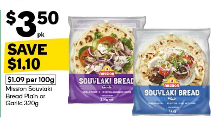 Mission Souvlaki Bread Plain or Garlic 320g