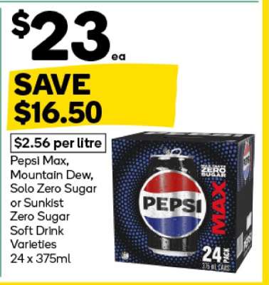 Pepsi Max, Mountain Dew, Solo Zero Sugar or Sunkist Zero Sugar Soft Drink Varieties 24 x 375ml