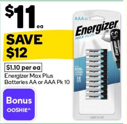 Energizer Max Plus Batteries AA or AAA Pk 10