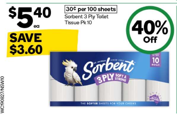 Sorbent 3 Ply Toilet Tissue Pk 10