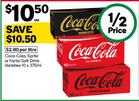 Coca-Cola, Sprite or Fanta Soft Drink Varieties 10 x 375ml