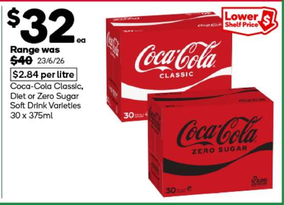 Coca-Cola Classic, Diet or Zero Sugar Soft Drink Varieties 30 x 375ml