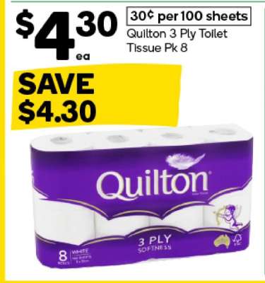 Quilton 3 Ply Toilet Tissue Pk 8
