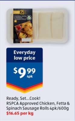 Ready, Set...Cook! RSPCA Approved Chicken, Fetta & Spinach Sausage Rolls 4pk/600g