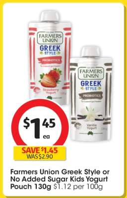 Farmers Union Greek Style or No Added Sugar Kids Yogurt Pouch 130g