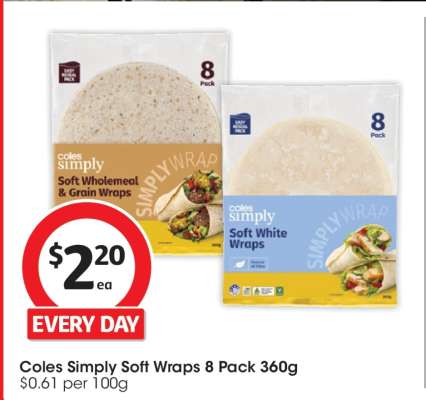 Coles Simply Soft Wraps 8 Pack 360g