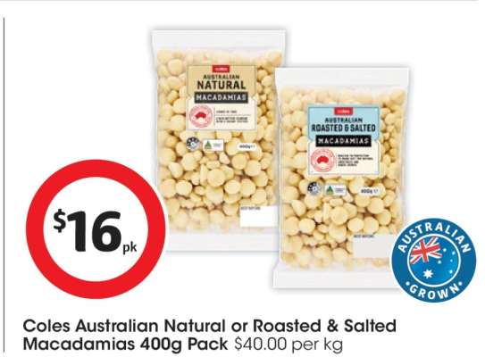 Coles Australian Natural or Roasted & Salted Macadamias 400g Pack