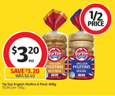Tip Top English Muffins 6 Pack 400g