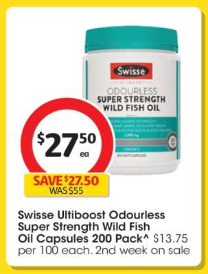 Swisse Ultiboost Odourless Super Strength Wild Fish Oil Capsules 200 Pack