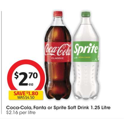 Coca-Cola, Fanta or Sprite Soft Drink 1.25 Litre