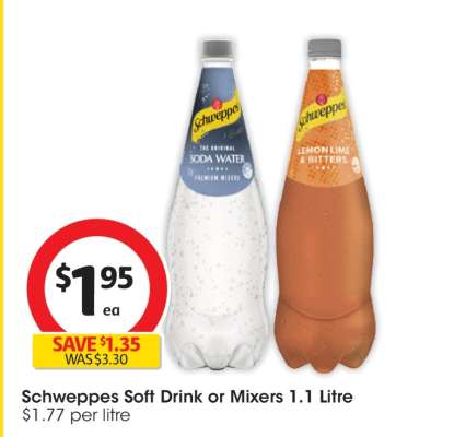 Schweppes Soft Drink or Mixers 1.1 Litre