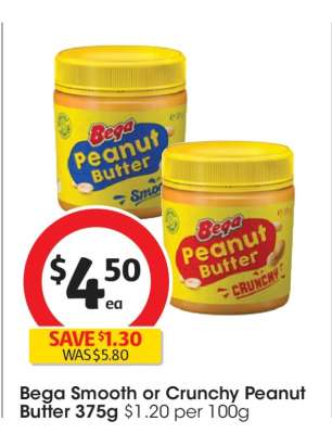 Bega Smooth or Crunchy Peanut Butter 375g