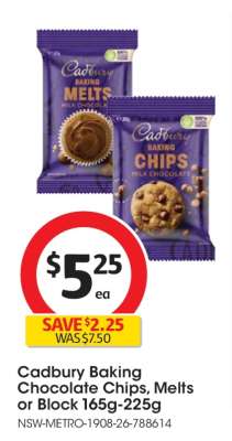 Cadbury Baking Chocolate Chips, Melts or Block 165g-225g
