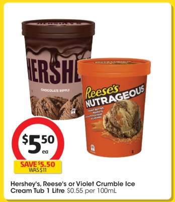 Hershey's, Reese's or Violet Crumble Ice Cream Tub
