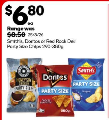 Smith's, Doritos or Red Rock Deli Party Size Chips 290-380g