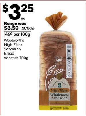 Woolworths High-Fibre Sandwich Bread Varieties 700g