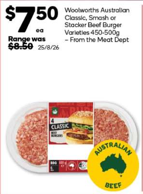 Woolworths Australian Classic, Smash or Stacker Beef Burger Varieties 450-500g