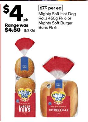 Mighty Soft Hot Dog Rolls 450g Pk 6 or Mighty Soft Burger Buns Pk 6