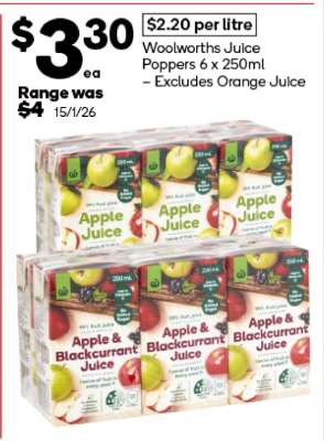 Woolworths Juice Poppers 6 x 250ml – Excludes Orange Juice