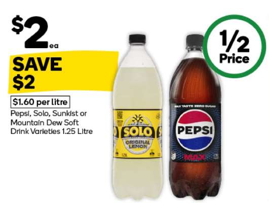 Pepsi, Solo, Sunkist or Mountain Dew Soft Drink Varieties 1.25 Litre