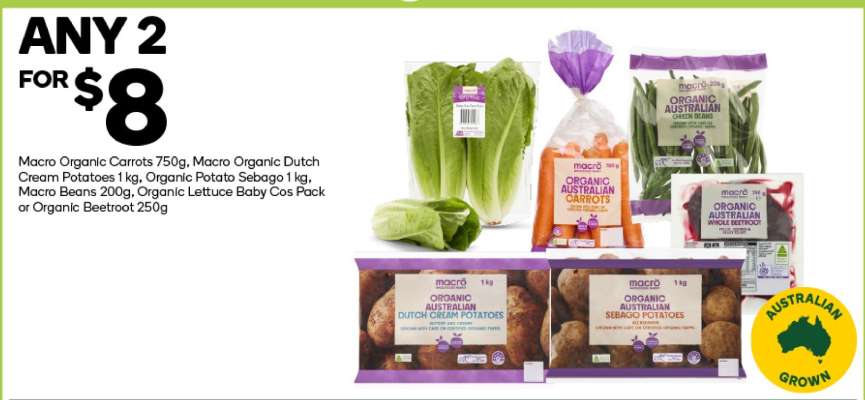 Macro Organic Carrots 750g, Macro Organic Dutch Cream Potatoes 1kg, Organic Potato Sebago 1kg, Macro Beans 200g, Organic Lettuce Baby Cos Pack or Organic Beetroot 250g