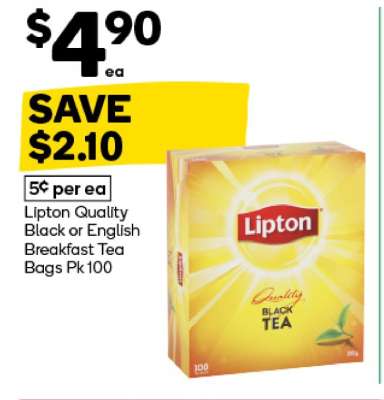 Lipton Quality Black or English Breakfast Tea Bags Pk 100