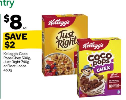Kellogg's Coco Pops Chex 500g, Just Right 740g or Froot Loops 460g