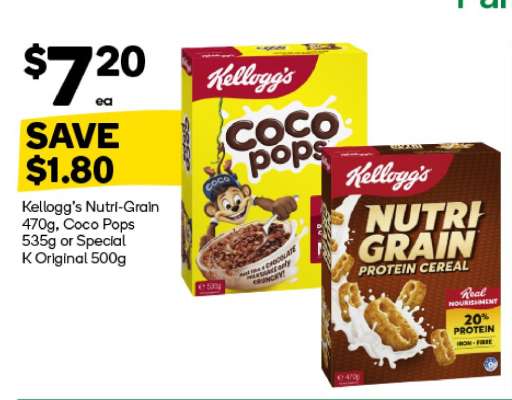 Kellogg's Nutri-Grain 470g, Coco Pops 535g or Special K Original 500g