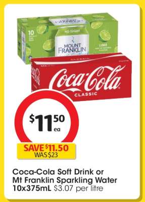 Coca-Cola Soft Drink or Mt Franklin Sparkling Water