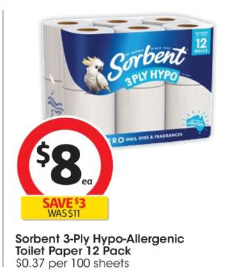 Sorbent 3-Ply Hypo-Allergenic Toilet Paper 12 Pack