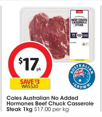 Coles Australian No Added Hormones Beef Chuck Casserole Steak 1kg
