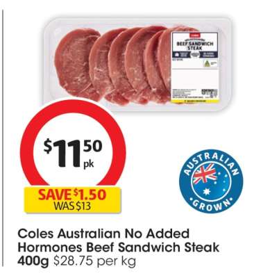 Coles Australian No Added Hormones Beef Sandwich Steak