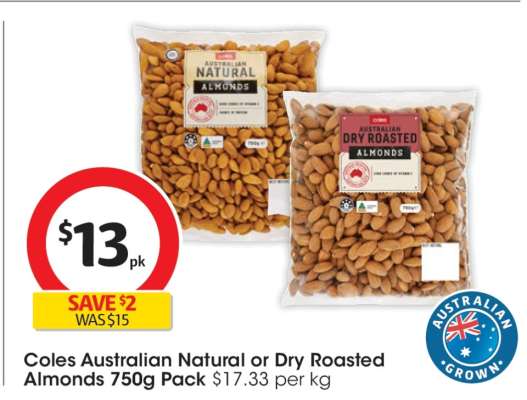 Coles Australian Natural or Dry Roasted Almonds 750g Pack
