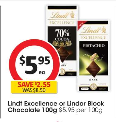 Lindt Excellence or Lindor Block Chocolate 100g