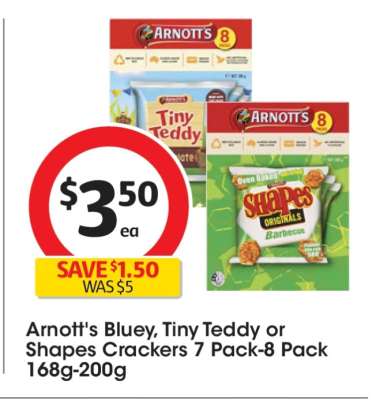 Arnott's Bluey, Tiny Teddy or Shapes Crackers 7 Pack-8 Pack 168g-200g