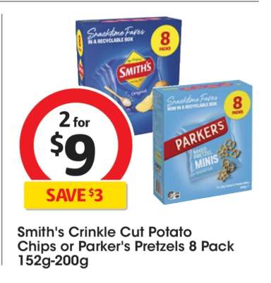 Smith's Crinkle Cut Potato Chips or Parker's Pretzels 8 Pack