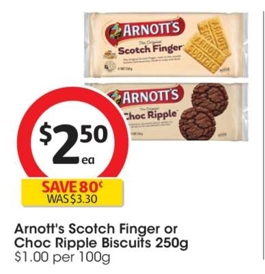 Arnott's Scotch Finger or Choc Ripple Biscuits 250g