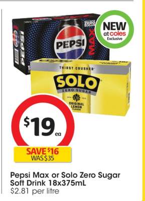 Pepsi Max or Solo Zero Sugar Soft Drink 18x375mL