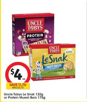 Uncle Tobys Le Snak 132g or Protein Muesli Bars 175g