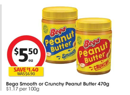 Bega Smooth or Crunchy Peanut Butter 470g