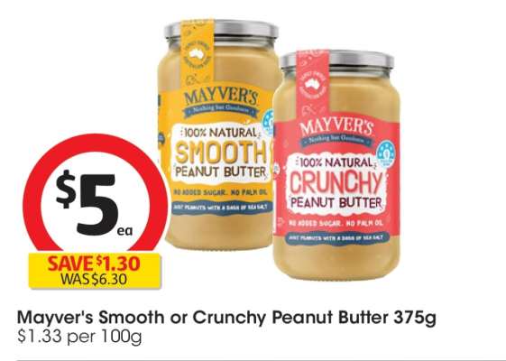 Mayver's Smooth or Crunchy Peanut Butter 375g