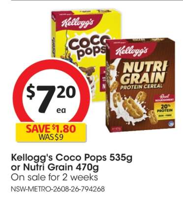 Kellogg's Coco Pops 535g or Nutri Grain 470g