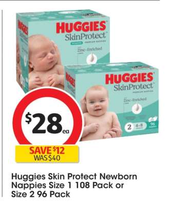Huggies Skin Protect Newborn Nappies Size 1 108 Pack or Size 2 96 Pack