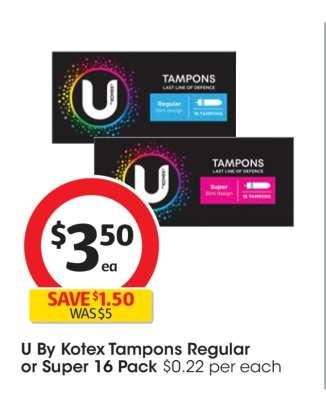 U by Kotex Tampons Regular or Super 16 Pack