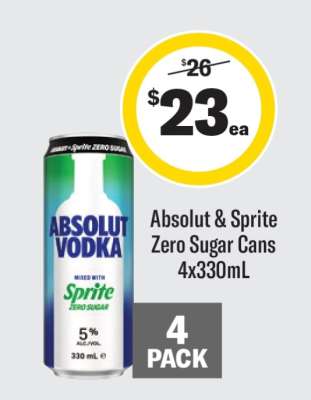 Absolut & Sprite Zero Sugar Cans 4x330mL