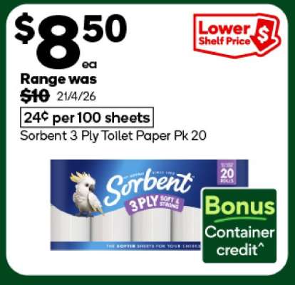 Sorbent 3 Ply Toilet Paper Pk 20