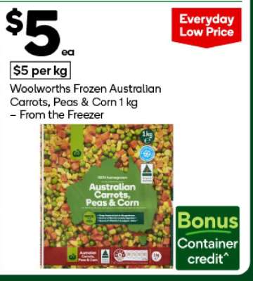 Woolworths Frozen Australian Carrots, Peas & Corn 1 kg