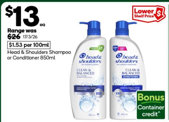 Head & Shoulders Shampoo or Conditioner 850mL