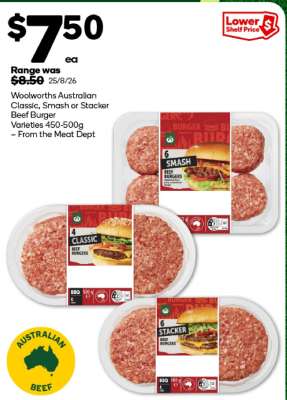 Woolworths Australian Classic, Smash or Stacker Beef Burger Varieties 450-500g